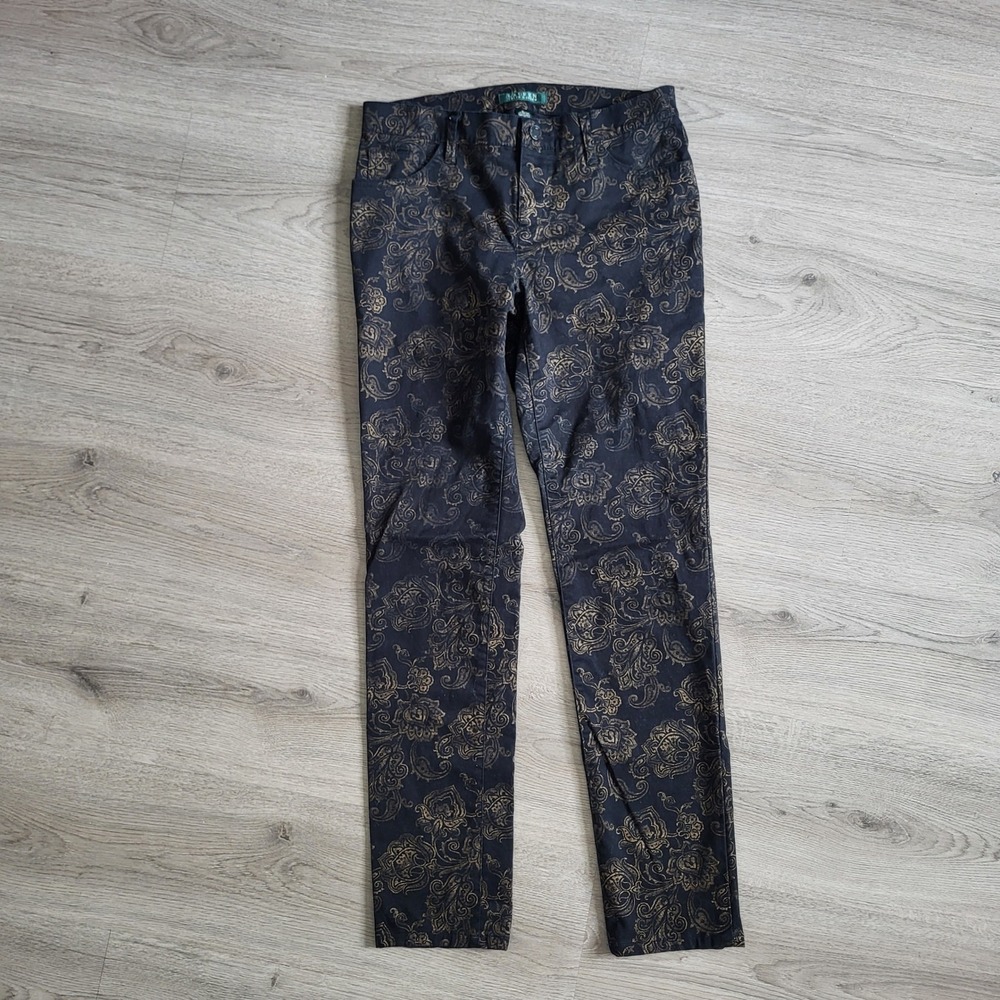 Ralph Lauren Womens Gold Paisley Floral Slim Fit Pants Black 4 Fall Boho Dark
